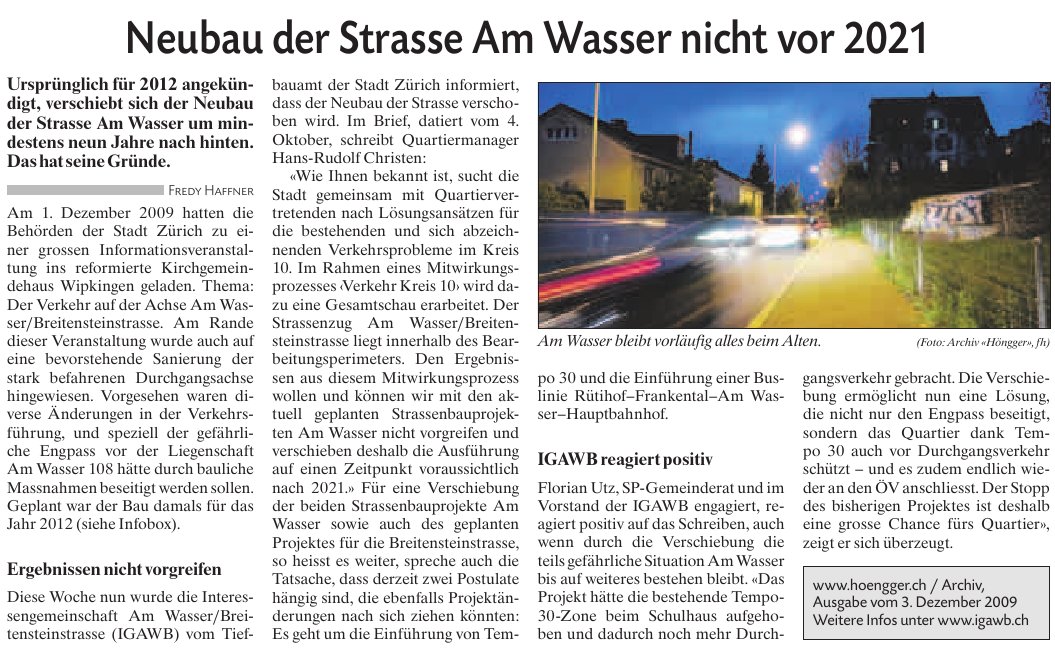 Neubau der Strasse Am Wasser nicht vor 2021